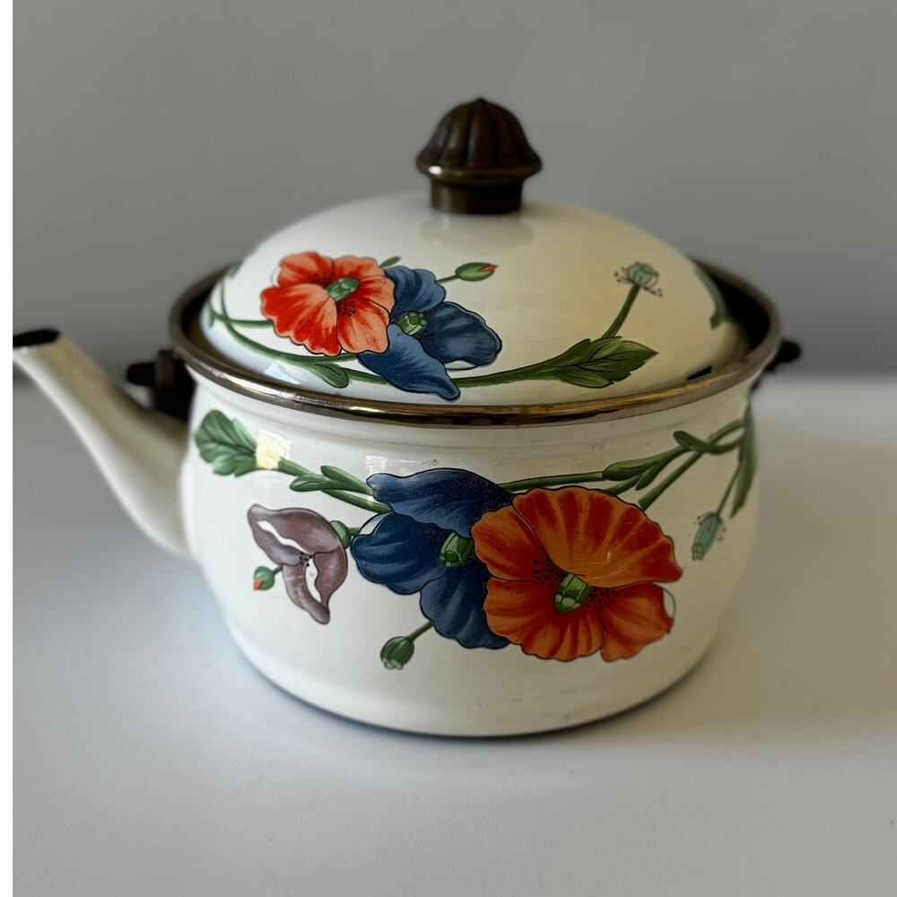 Vintage Enamelware Tea Kettle |  Stovetop Teapot | Farmhouse Rustic Kitchen